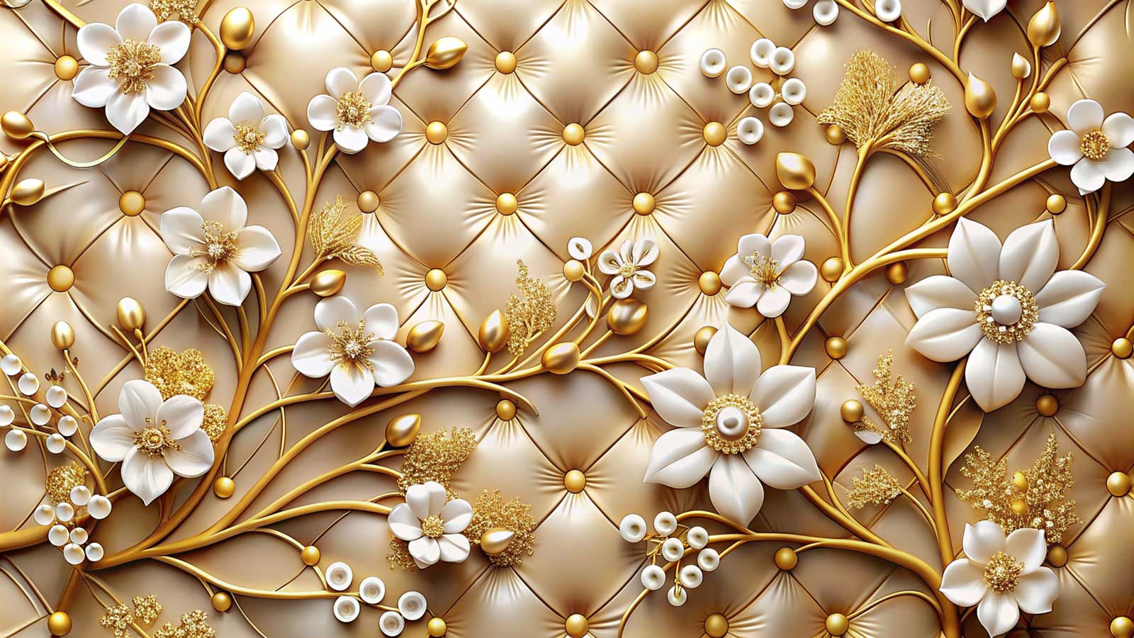3D White Brick Wall Mural with Geometric Rings & Pink Magnolia Blossoms — image 2 of 2