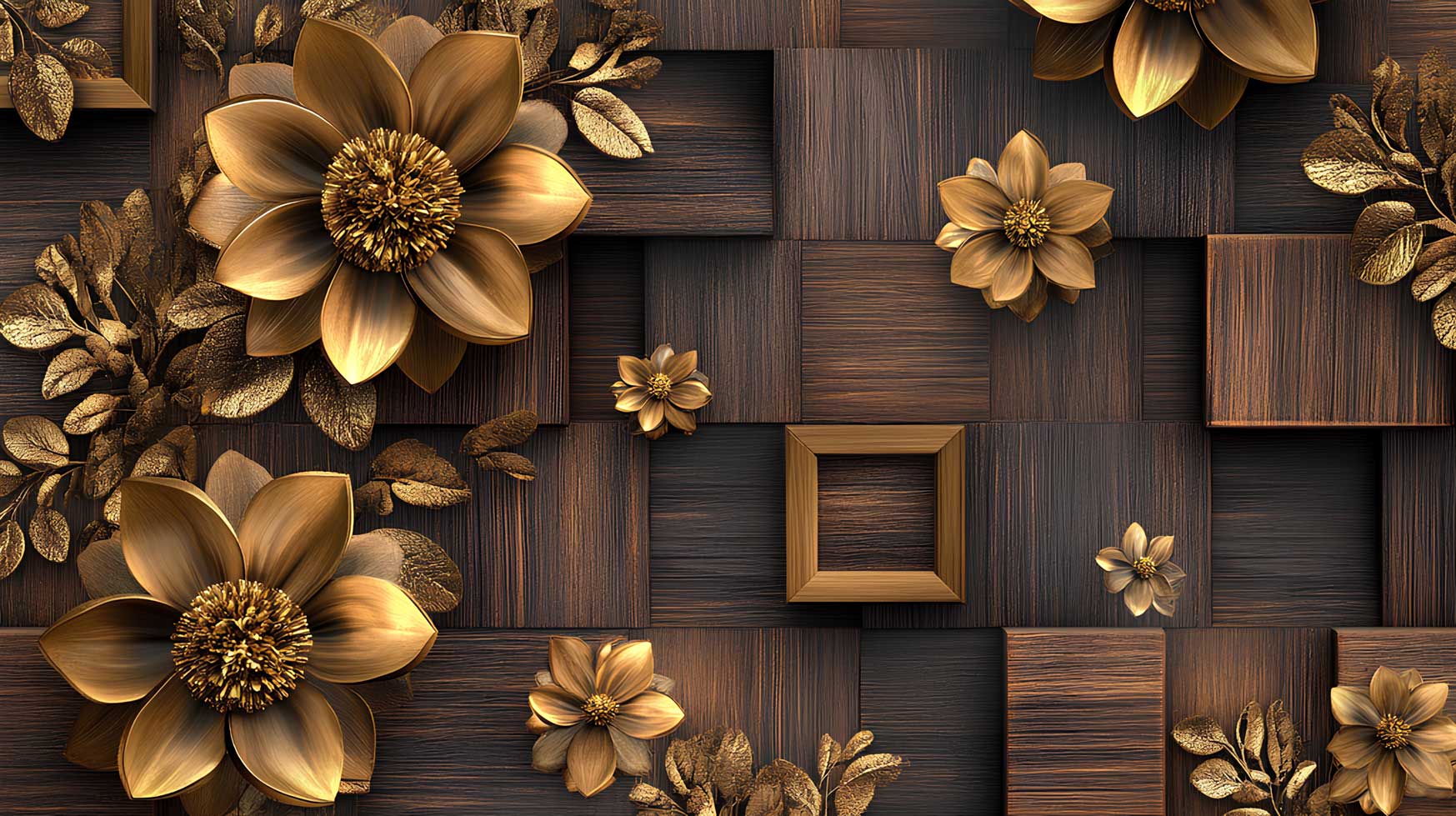 3D Golden Floral Wood Tile Wall Mural Wallpaper for Living Room & Bedroom — image 2 of 2