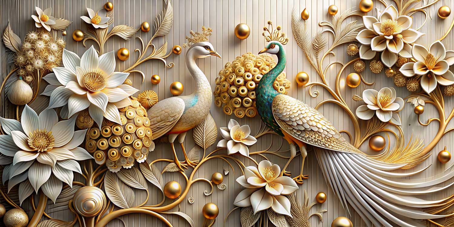 3D Emerald & Gold Royal Peacock Wall Mural on Fluted Wood Texture — image 2 of 2