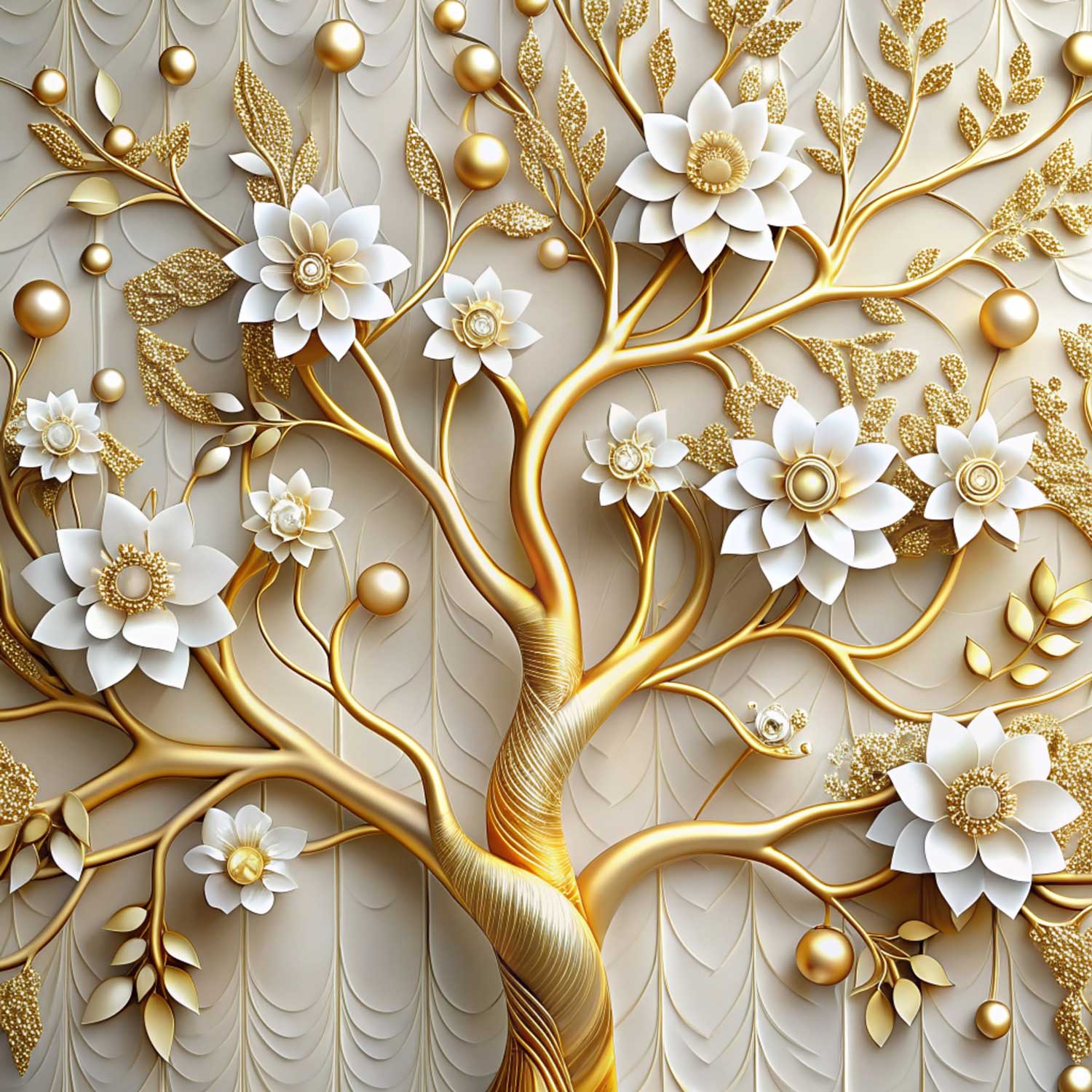 3D Golden Tree of Life Wall Mural Wallpaper with White Blossoms & Gold Spheres — image 2 of 2