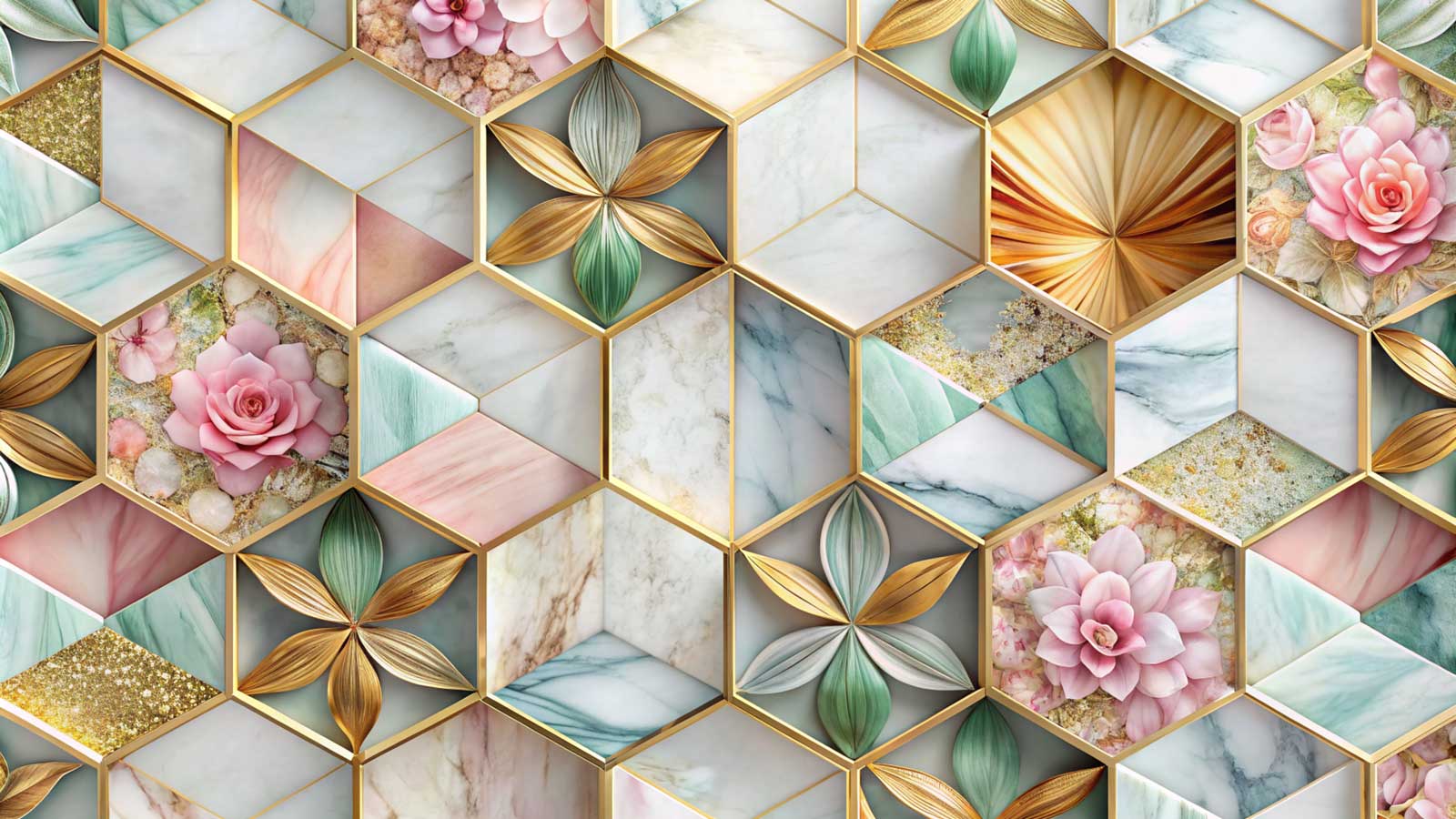3D Geometric Marble Hexagon Tile Wallpaper with Blush Roses & Gold Stars — image 2 of 2