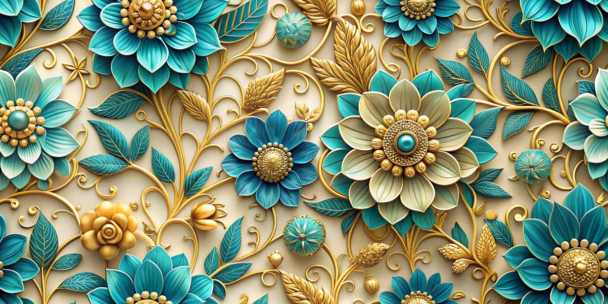 3D Turquoise Blue & Gold Floral Filigree Wallpaper Mural with Royal Leaves — image 2 of 2