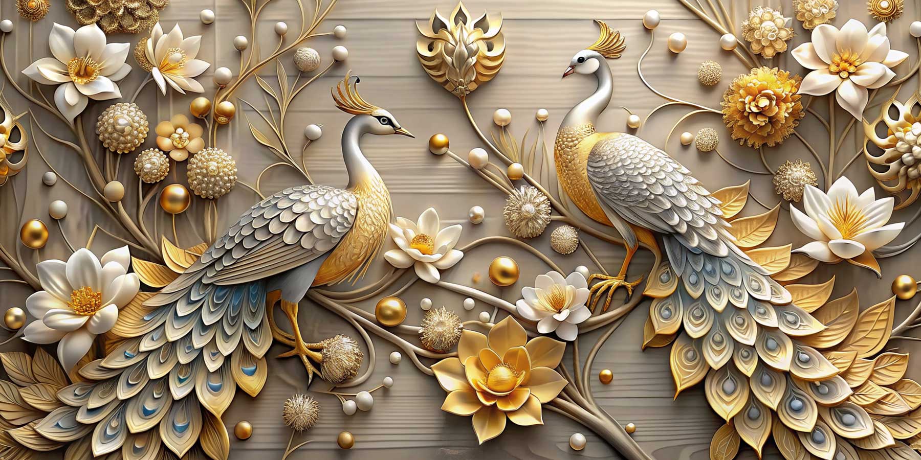 3D Royal Golden Peacocks & Sculpted Lotus Wallpaper Mural on Timber Panel — image 2 of 2
