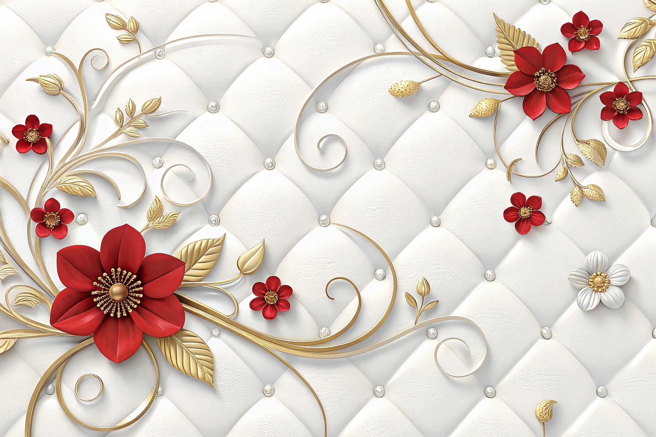3D Luxury White Leather Tufted Red Floral Wallpaper Mural with Gold Filigree — image 2 of 2