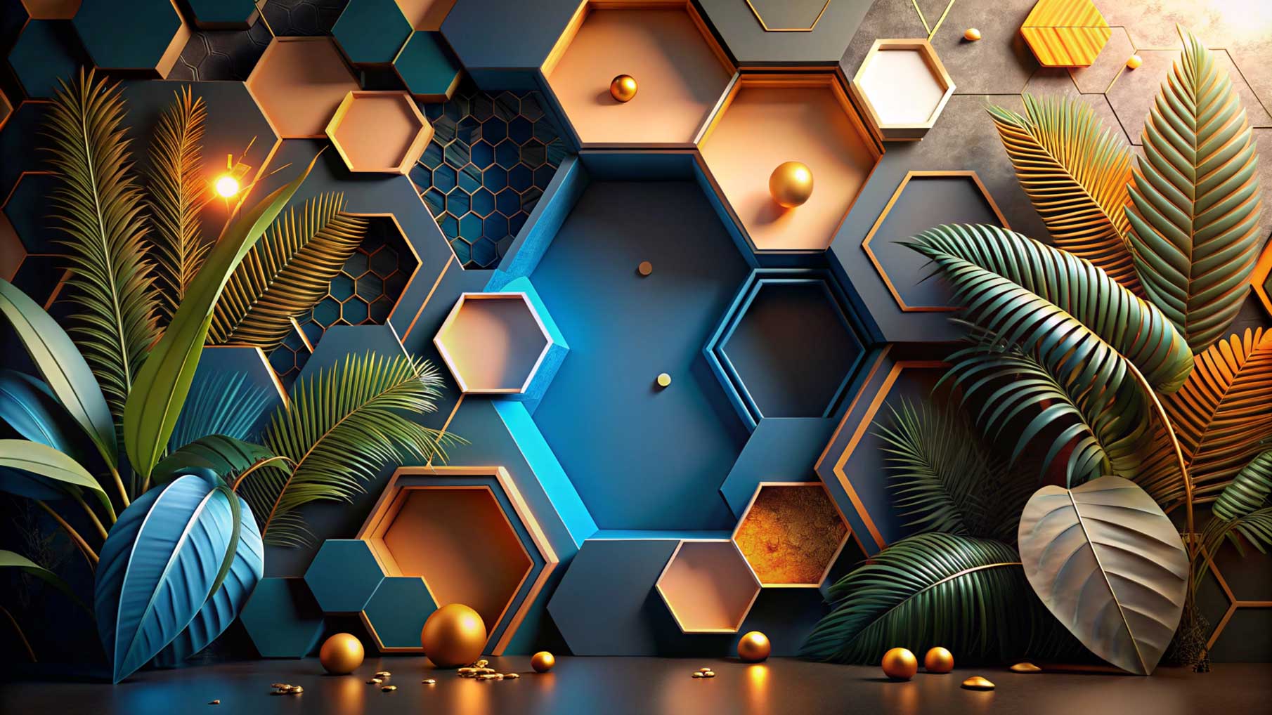 3D Modern Geometric Hexagon Tropical Wallpaper Mural with Gold Accents & Palm Leaves — image 2 of 2