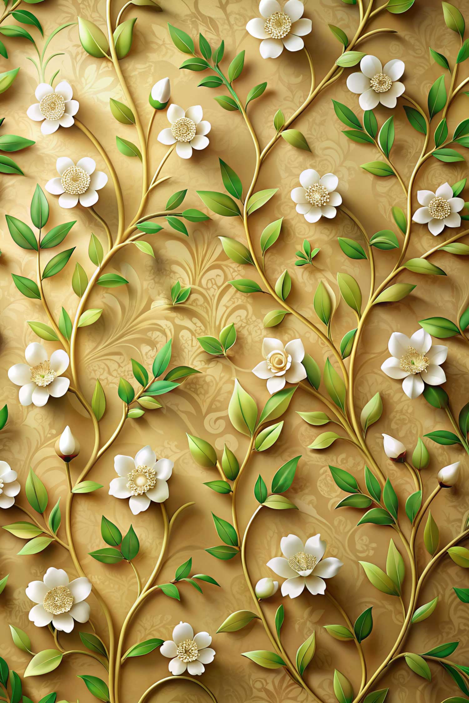 3D Golden Floral Vines & White Blossoms Vertical Wallpaper Mural — image 2 of 2