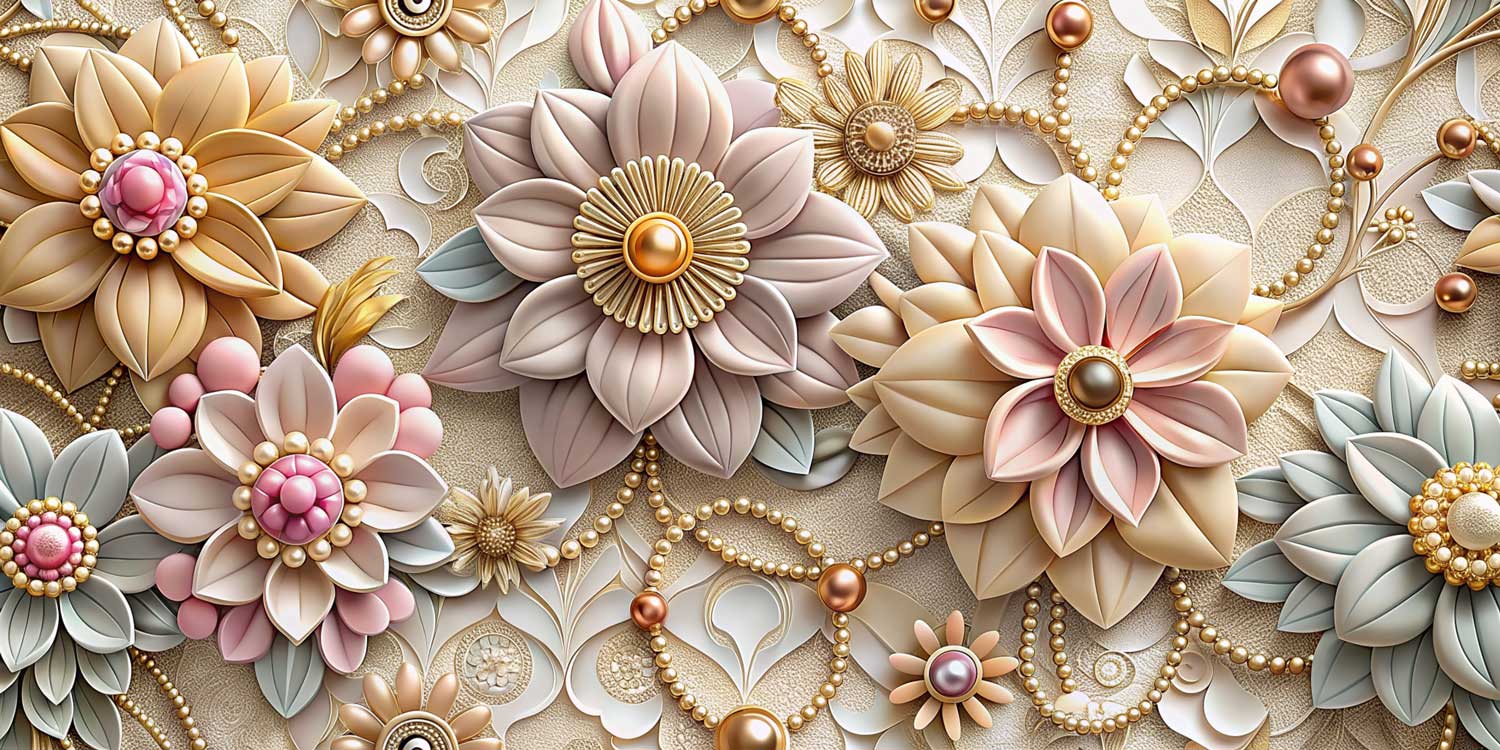 3D Embossed Pastel Floral Jewelry Wallpaper Mural with Pearls & Blush Blooms — image 2 of 2