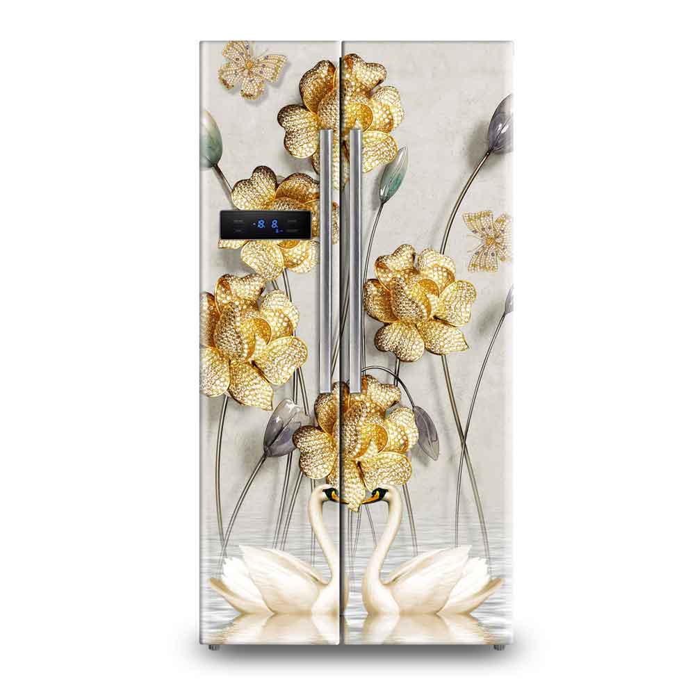 Vibrant Swan & Floral Fridge Wallpaper Sticker - Nature-Inspired Vinyl Decal