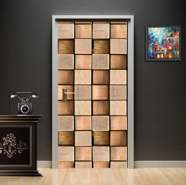 Modern Abstract Geometric Wood Door Wallpaper installed on a study door