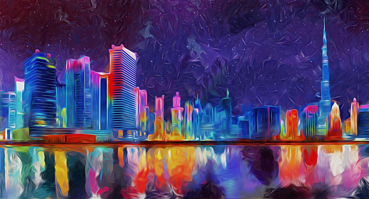 Neon Starry Night Dubai Skyline Canvas Art – view 2