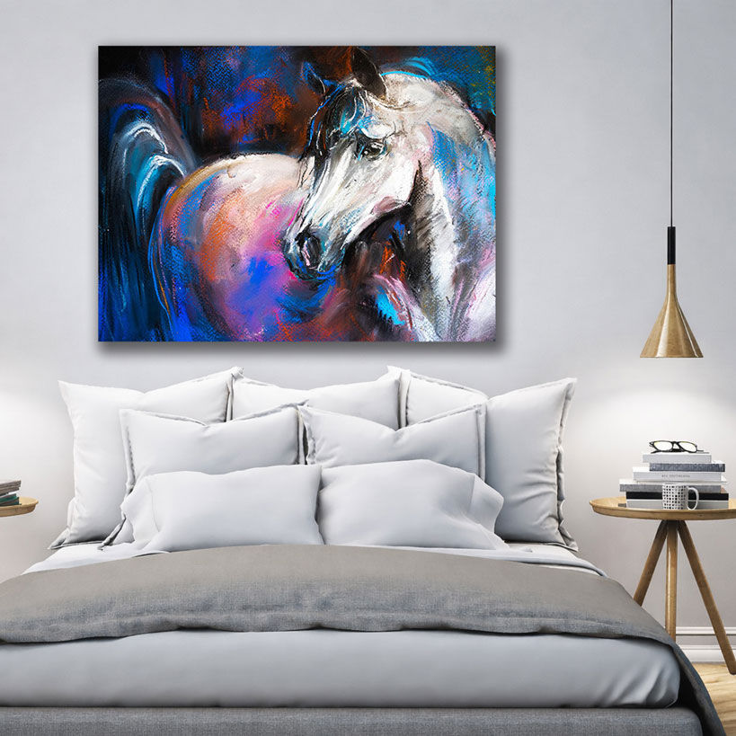 Watercolor Horse Head Canvas - Displayed in Modern Bedroom - Bedroom Wall Decor India - Canvas Groove India