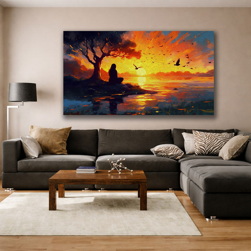 Autumn Romance Boat Ride Canvas Print - Displayed in Contemporary Living Room - Canvas Groove India
