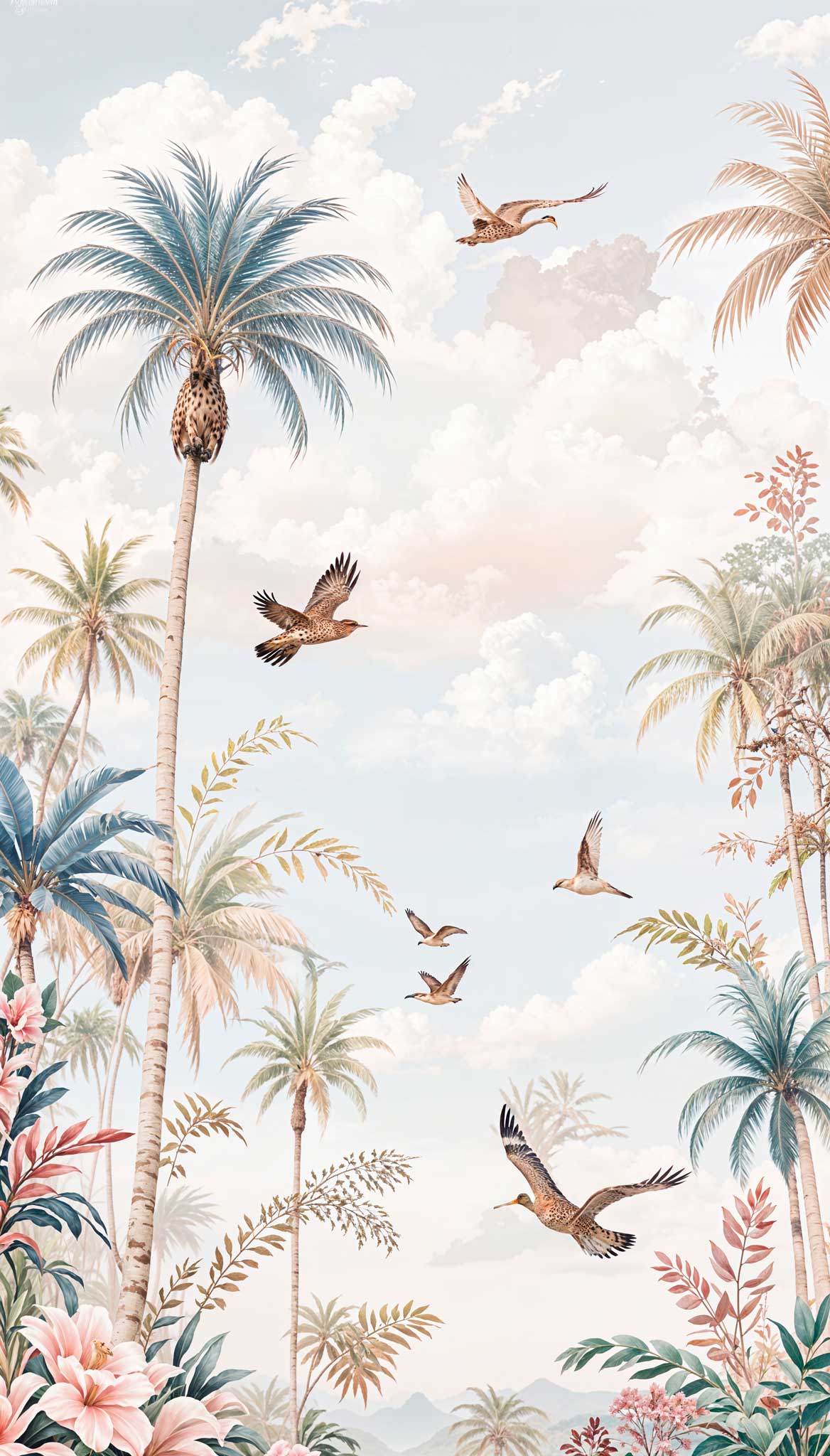Coastal Tropical Palm Oasis & Flying Birds Sky Wallpaper — image 2 of 2