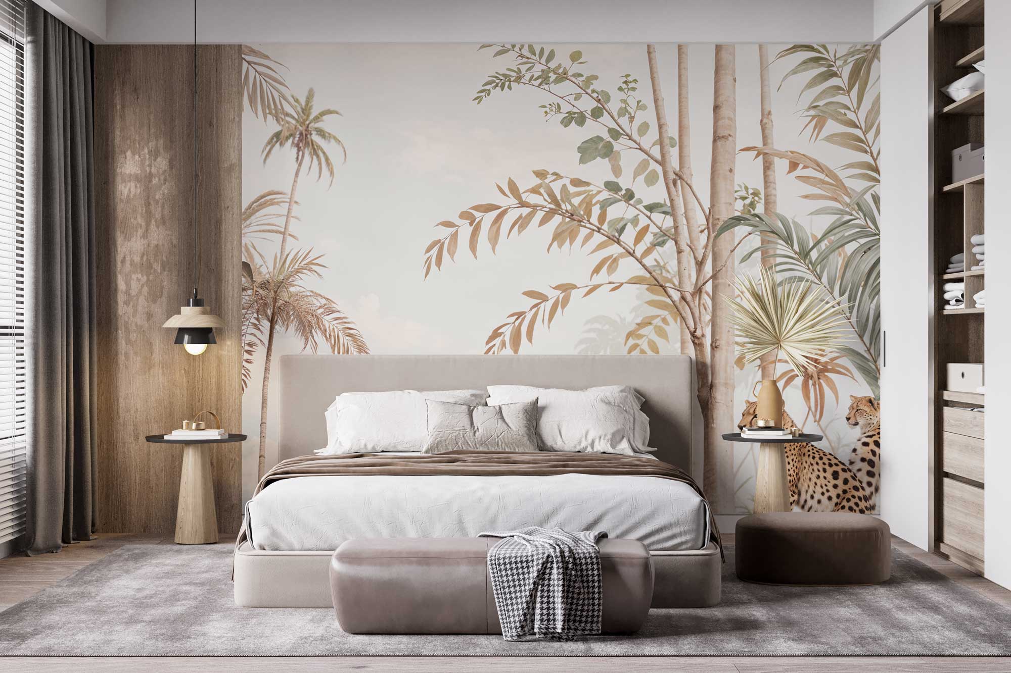 Pastel Tropical Palm Grove with Birds & Cheetahs Wall Mural