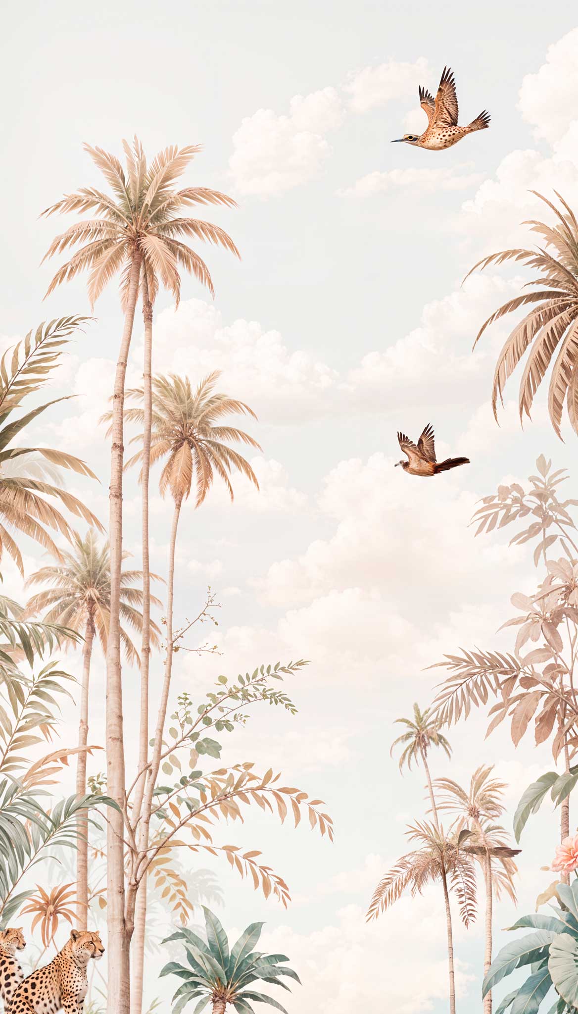 Pastel Tropical Palm Grove with Birds & Cheetahs Wall Mural — image 2 of 2