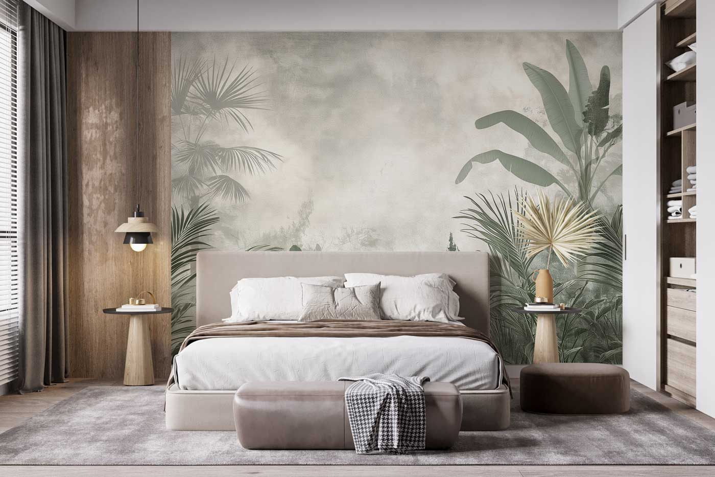 Misty Vintage Monochrome Tropical Palm & Banana Leaf Wallpaper