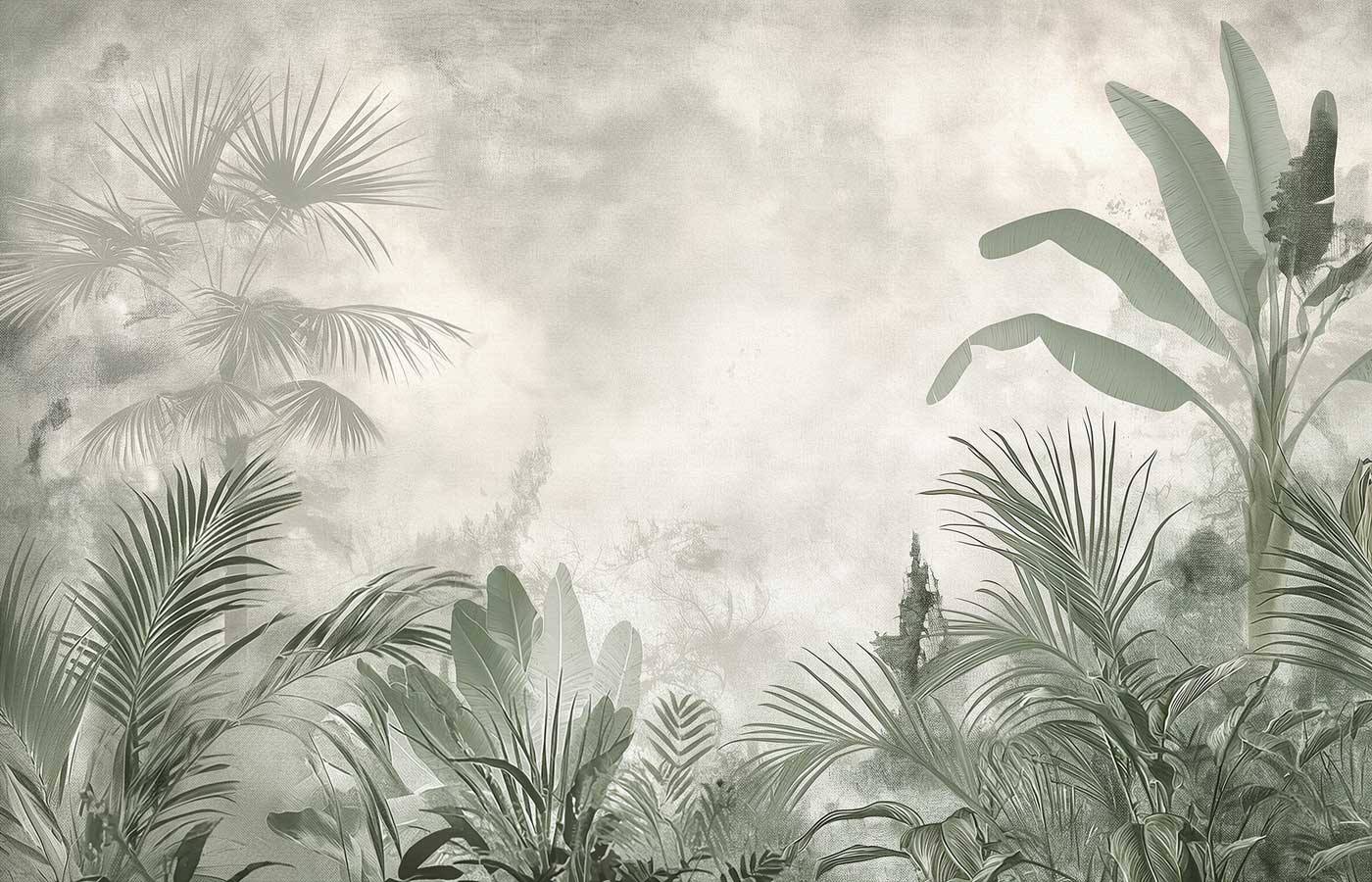 Misty Vintage Monochrome Tropical Palm & Banana Leaf Wallpaper — image 2 of 2