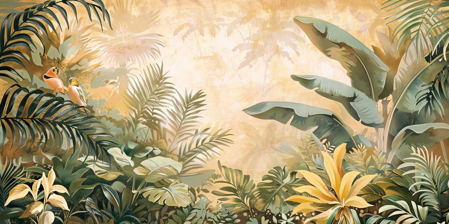 Sun-Drenched Golden Tropical Palms & Perched Parrots Wall Mural — image 2 of 2