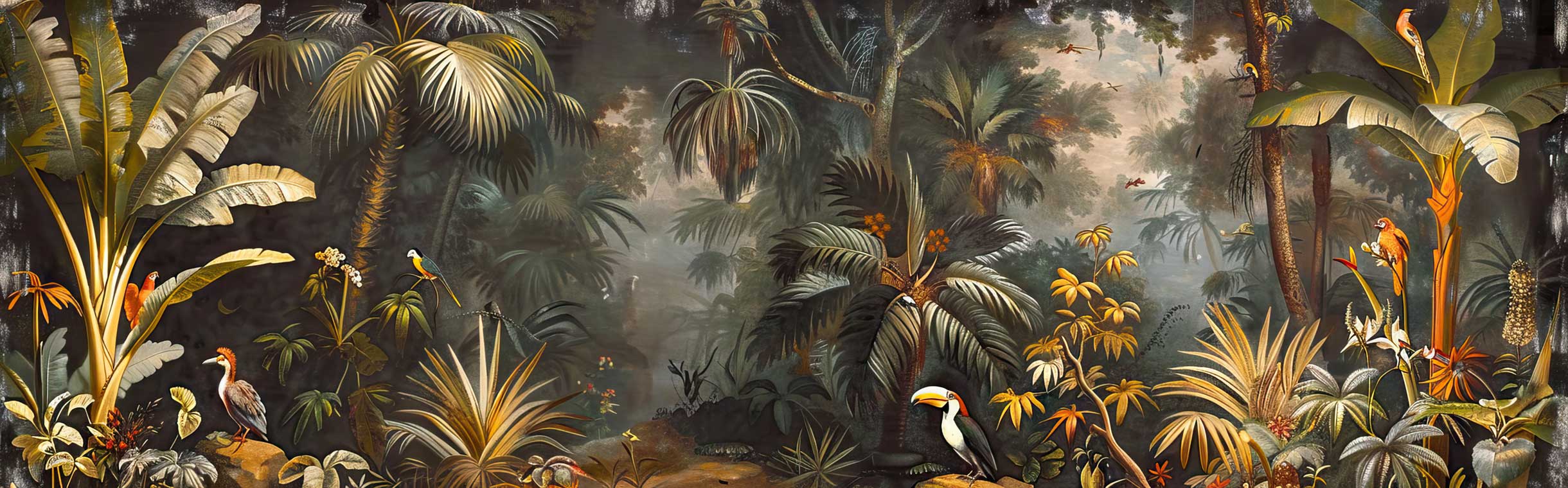 Moody Dark Tropical Jungle Flamingos & Pelicans Luxury Wall Mural — image 2 of 2