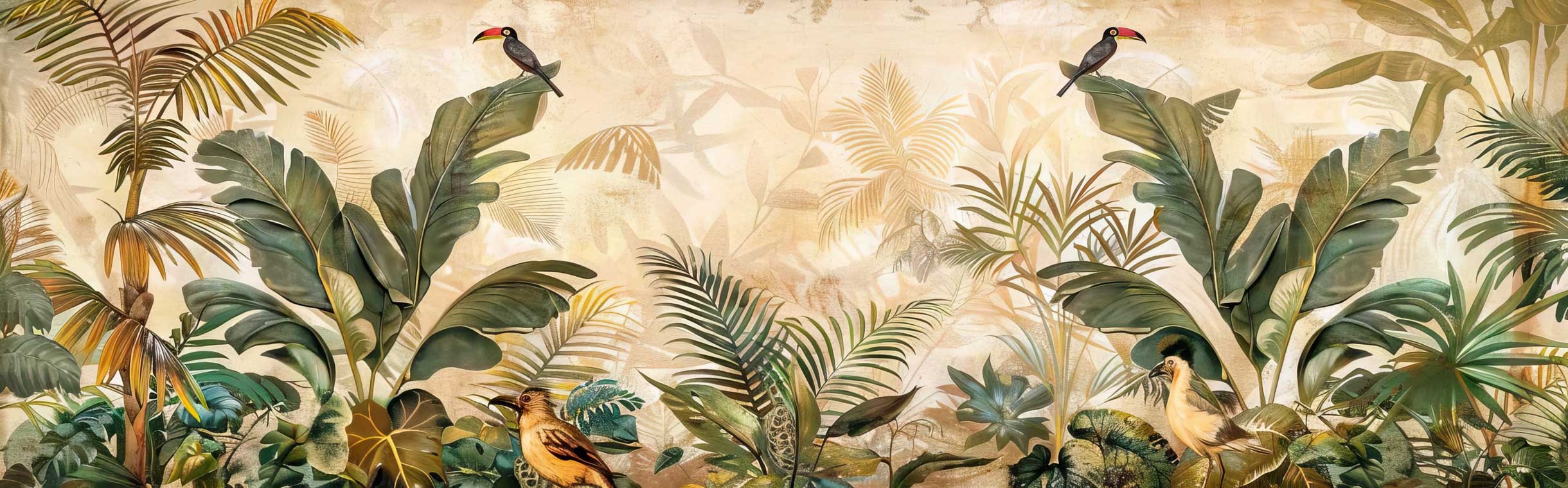 Sunlit Vintage Tropical Banana Leaves & Toucans Panoramic Wallpaper — image 2 of 2