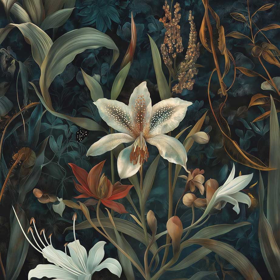 Vintage Dark Floral White Lily & Botanical Wildflower Wallpaper — image 2 of 2