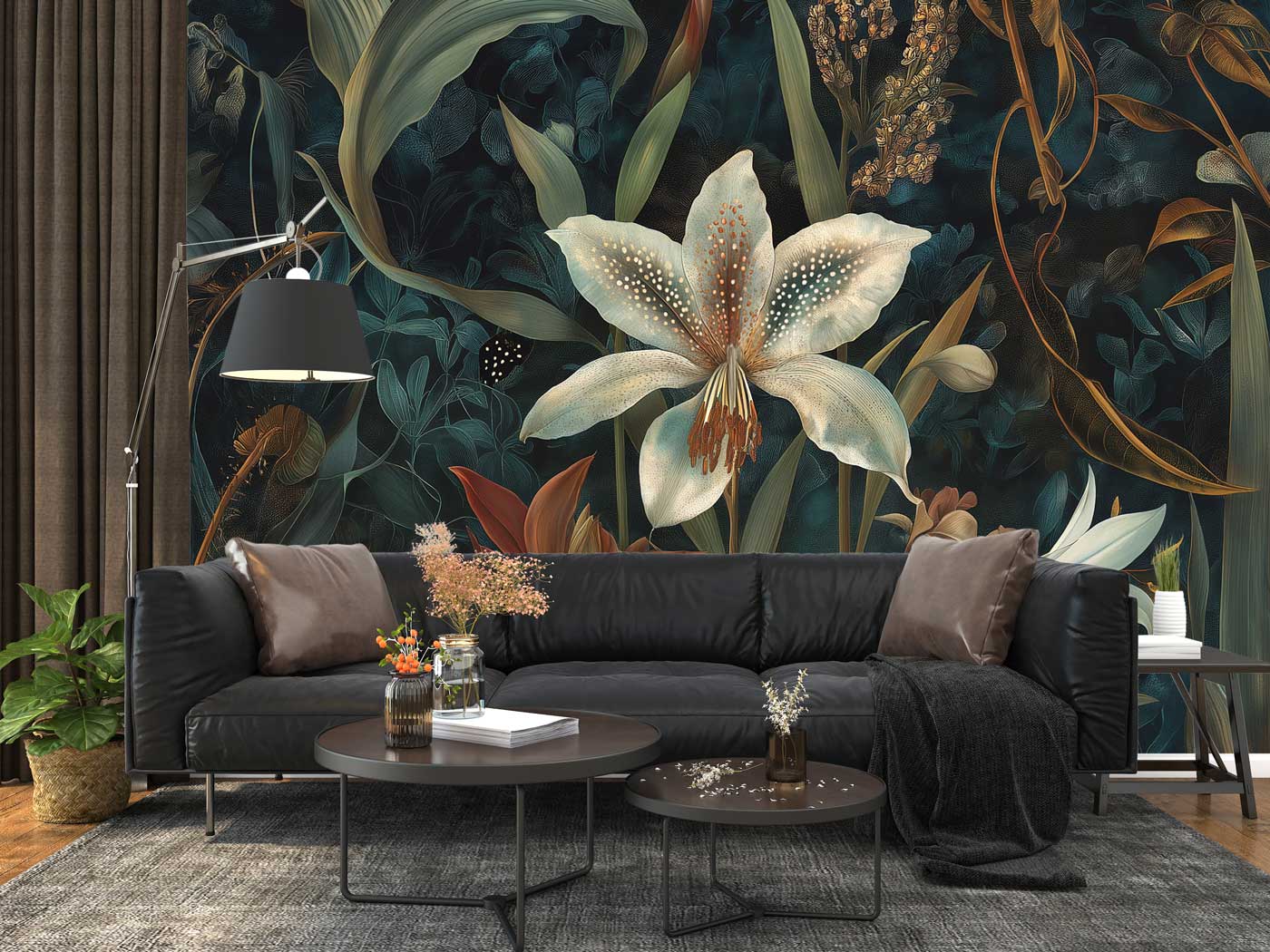 Vintage Dark Floral White Lily & Botanical Wildflower Wallpaper