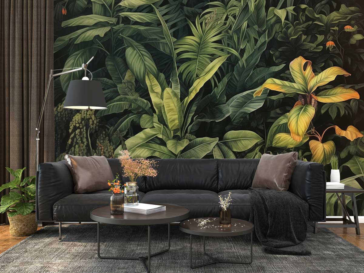 Moody Dark Botanical Foliage & Banana Leaves Luxury Wallpaper