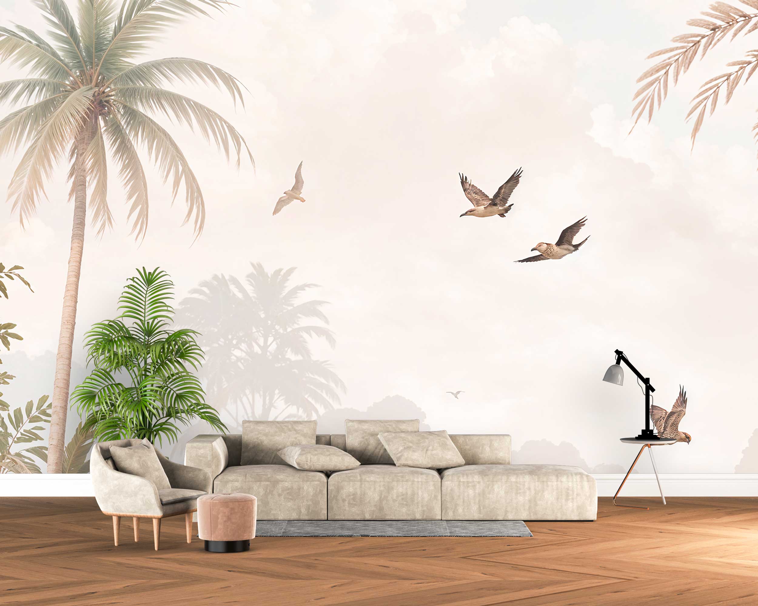 Vintage Tropical Palm Trees & Flying Birds Wall Mural Wallpaper