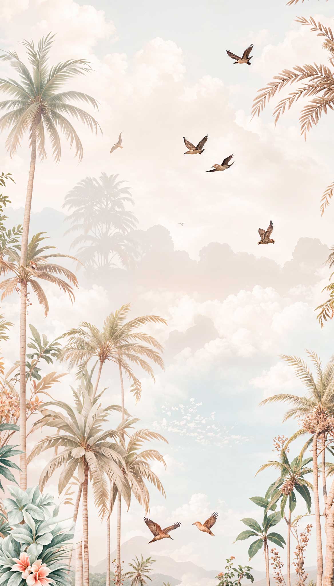 Vintage Tropical Palm Trees & Flying Birds Wall Mural Wallpaper — image 2 of 2