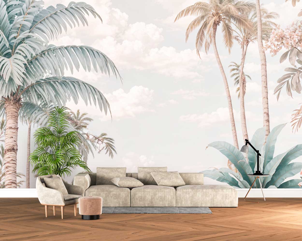 Serene Flying Birds & Tropical Palm Horizon Wall Mural