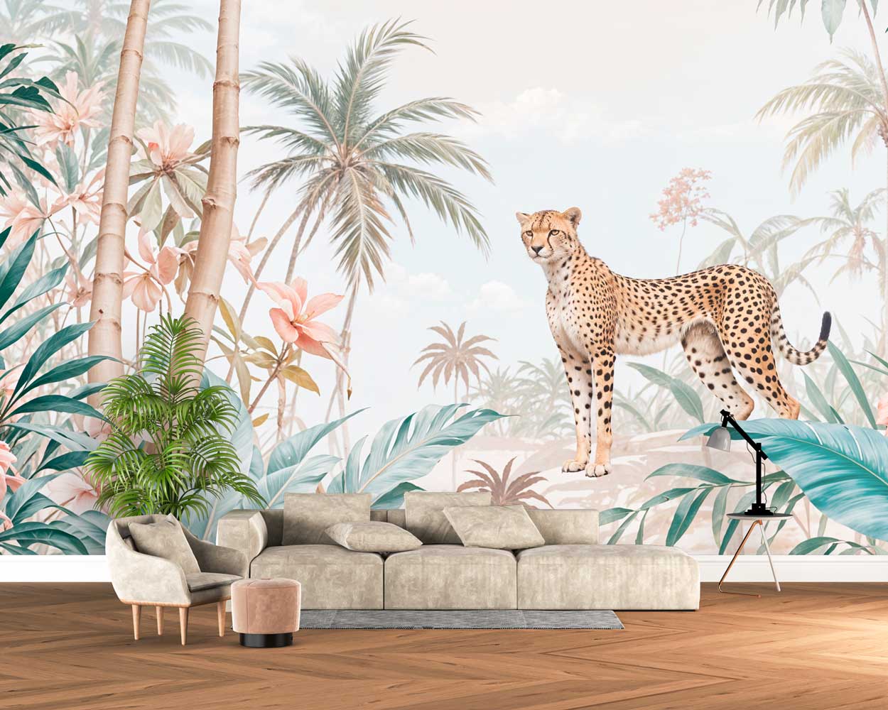 Tropical Safari Cheetah & Sunlit Palm Trees Wall Mural