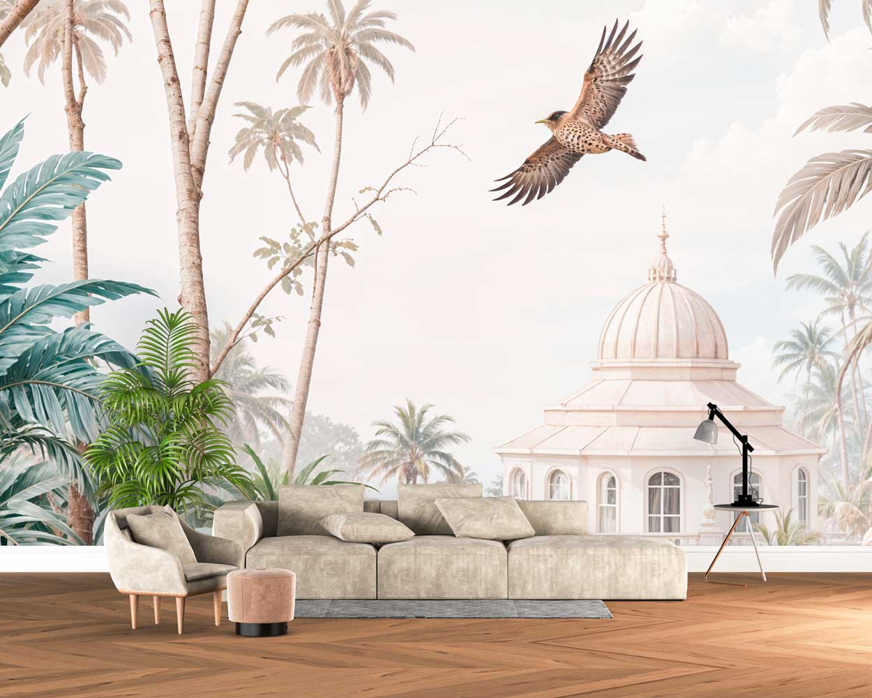 Vintage Colonial Garden Pavilion & Palm Trees Panoramic Mural