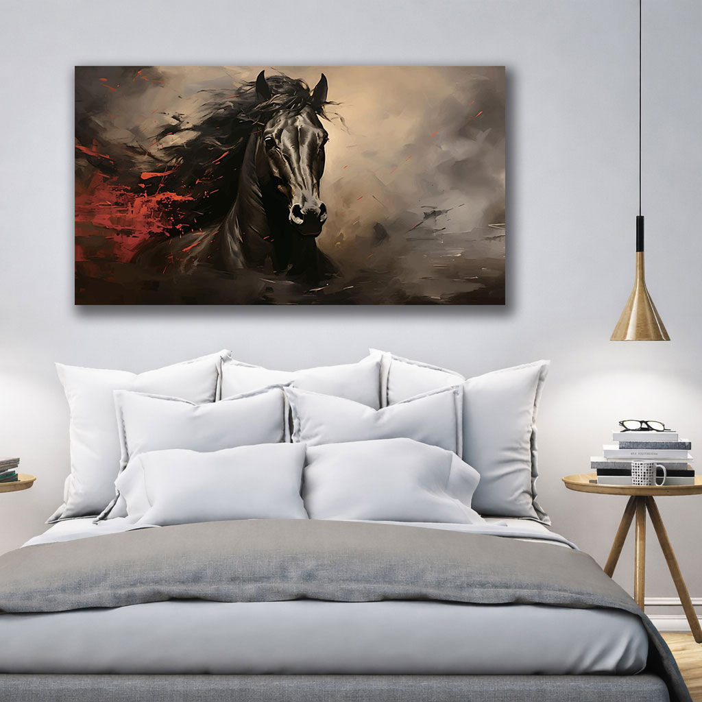 Abstract Wild Horse Canvas Art - Displayed in Modern Bedroom - Bedroom Wall Decor India - Canvas Groove India