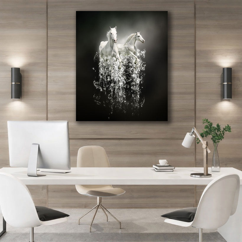 Minimalist White Horse Canvas Print - Displayed in Contemporary Living Room - Canvas Groove India