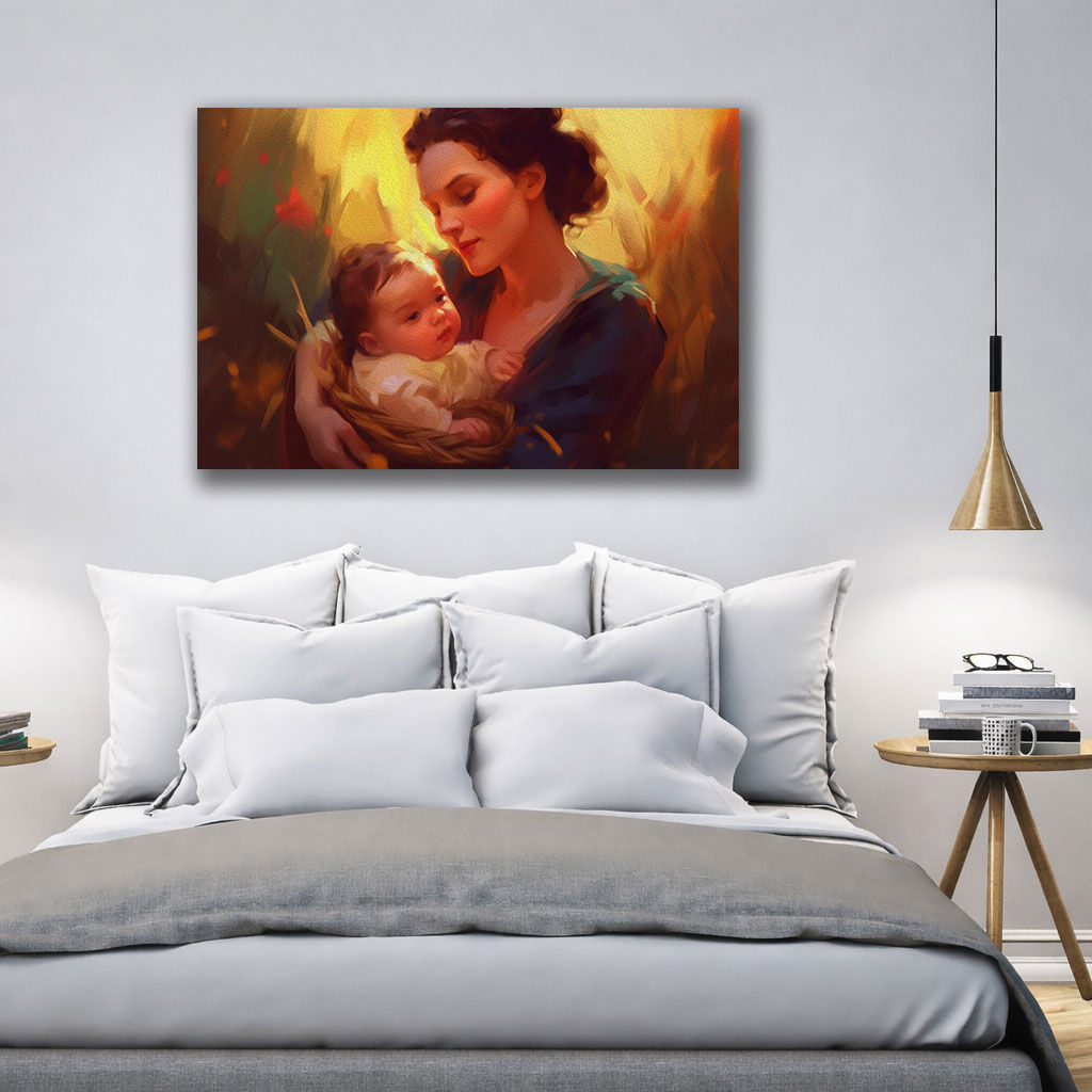 Boho Style Mother and Baby Canvas - Displayed in Meditation or Yoga Room - Meditation Room Decor India - Canvas Groove India
