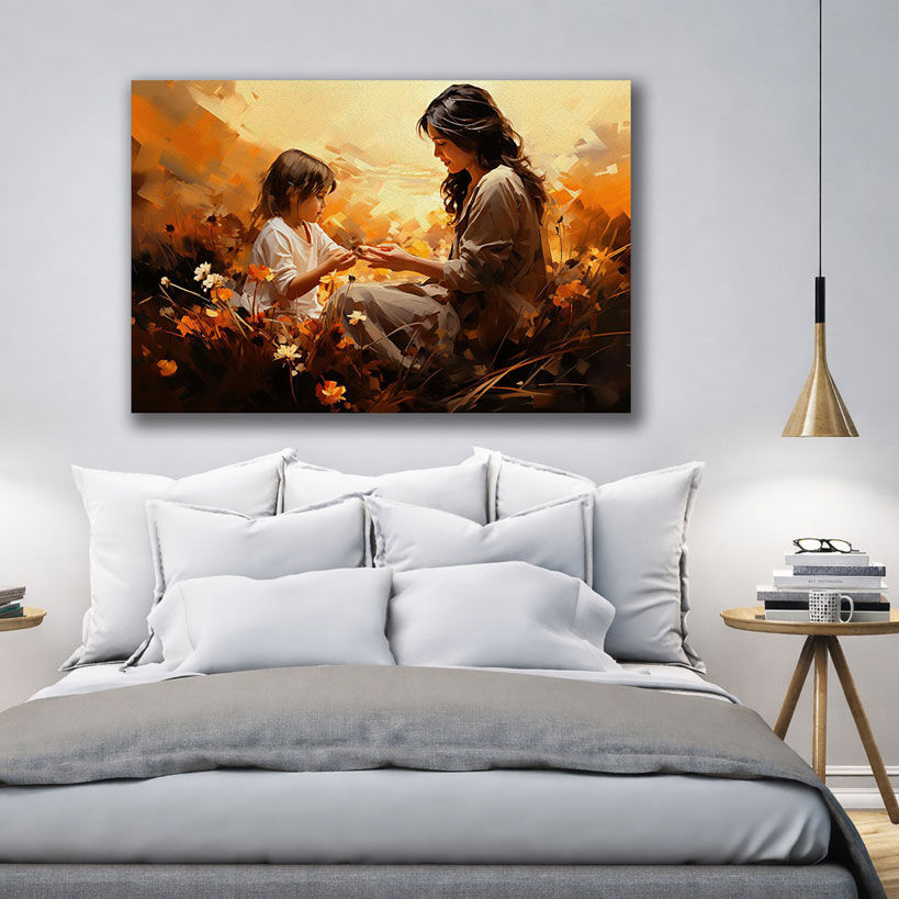 Starry Night Mother and Baby Canvas Prints - Displayed in Modern Bedroom - Bedroom Wall Decor India - Canvas Groove India