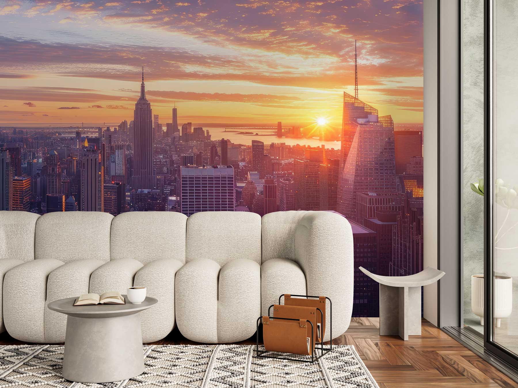 Sunset Over NYC Skyline Cityscape Wallpaper & Canvas Wall Art