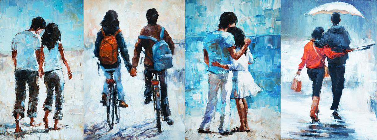 Romantic Red Umbrella Couple Canvas Wall Art - Premium Romantic Canvas Print - Close-up View - Canvas Groove India