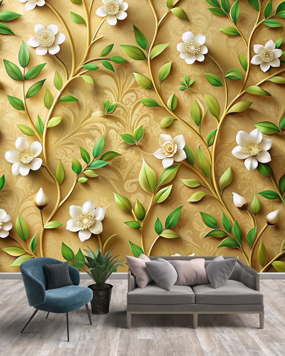 3D Golden Floral Vines & White Blossoms Vertical Wallpaper Mural