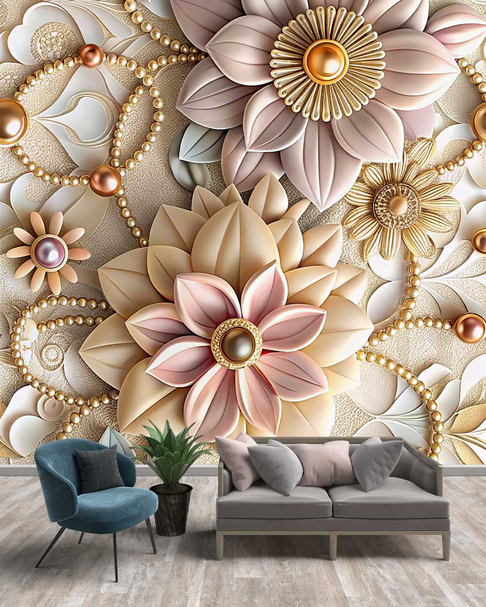 3D Embossed Pastel Floral Jewelry Wallpaper Mural with Pearls & Blush Blooms