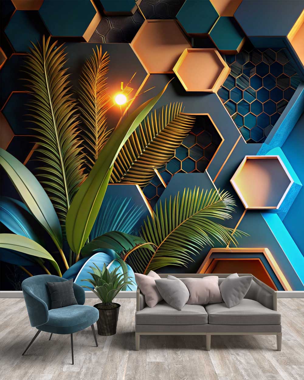 3D Modern Geometric Hexagon Tropical Wallpaper Mural with Gold Accents & Palm Leaves