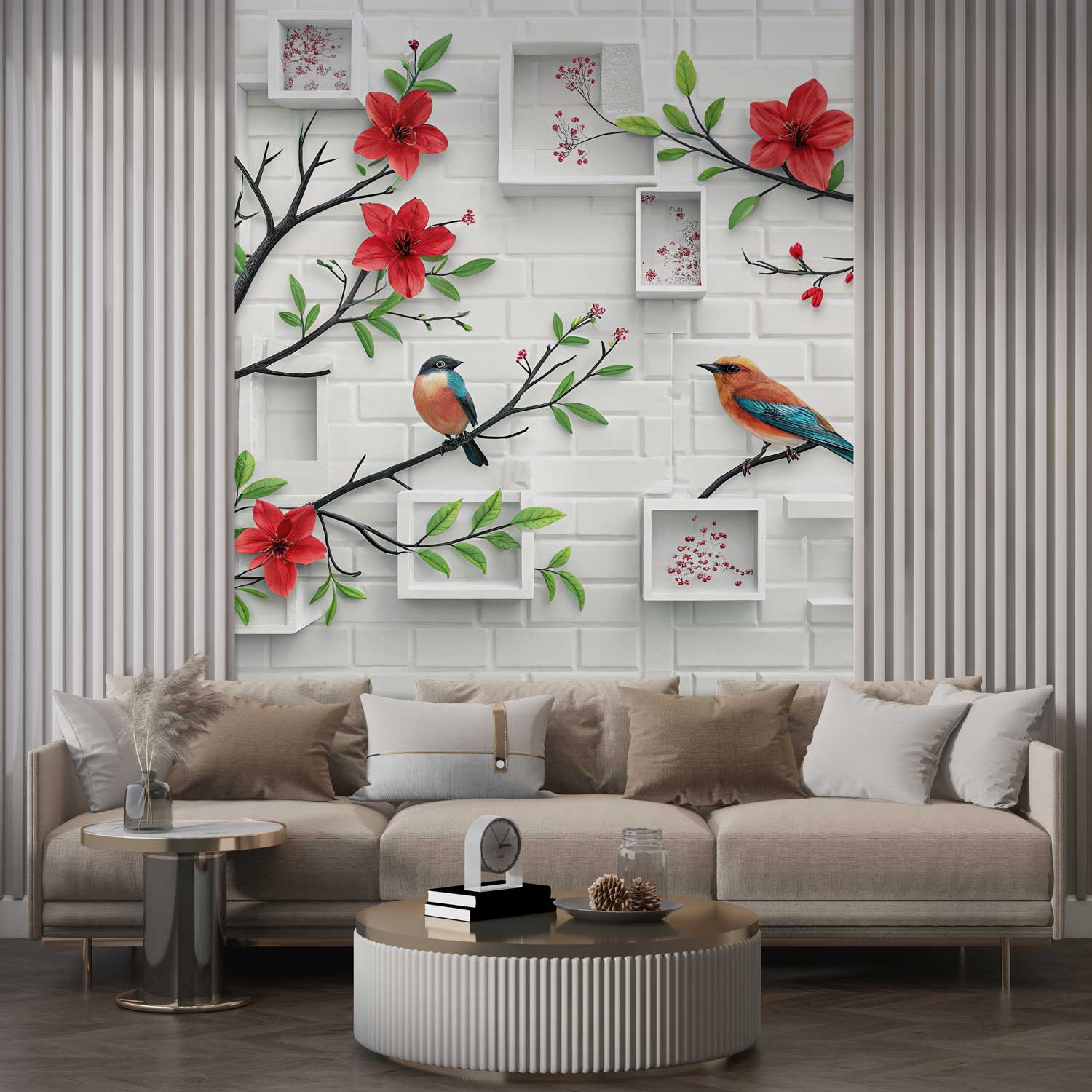 3D White Brick Branch Wall Mural with Red Blossoms, Floating Shelves & Songbirds
