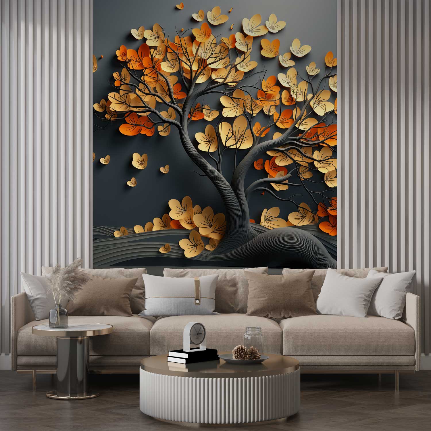 3D Modern Golden Leaf Papercraft Bonsai Tree Wall Mural on Charcoal Canvas