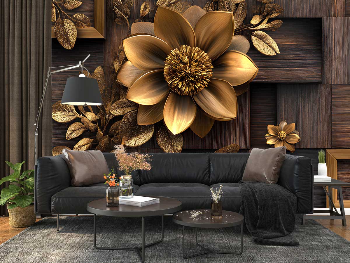 3D Golden Floral Wood Tile Wall Mural Wallpaper for Living Room & Bedroom