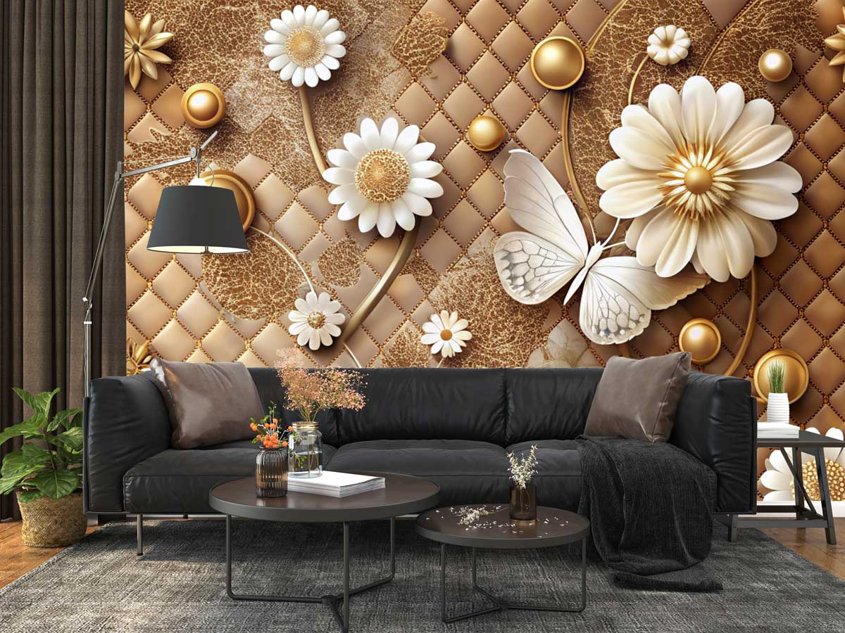 3D Tufted Leather Floral & Butterfly Wallpaper Mural for Accent Walls