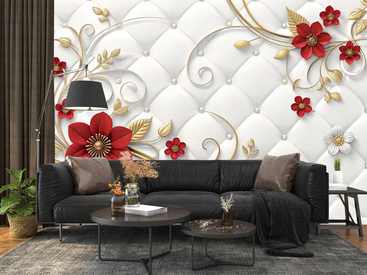 3D Luxury White Leather Tufted Red Floral Wallpaper Mural with Gold Filigree