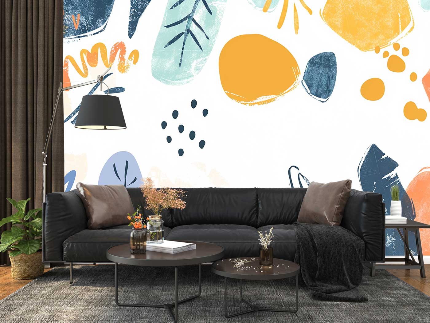 Playful Nordic Abstract Floral & Shape Collage Wallpaper