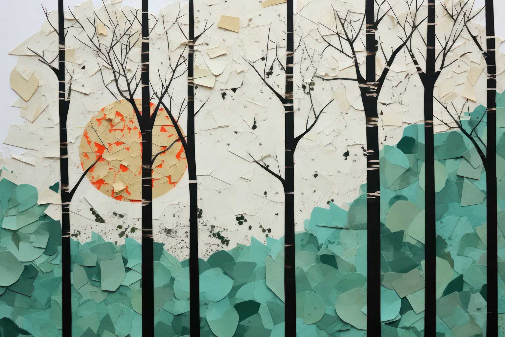 Nordic Paper Cutout Birch Forest with Rising Sun Wallpaper — image 2 of 2
