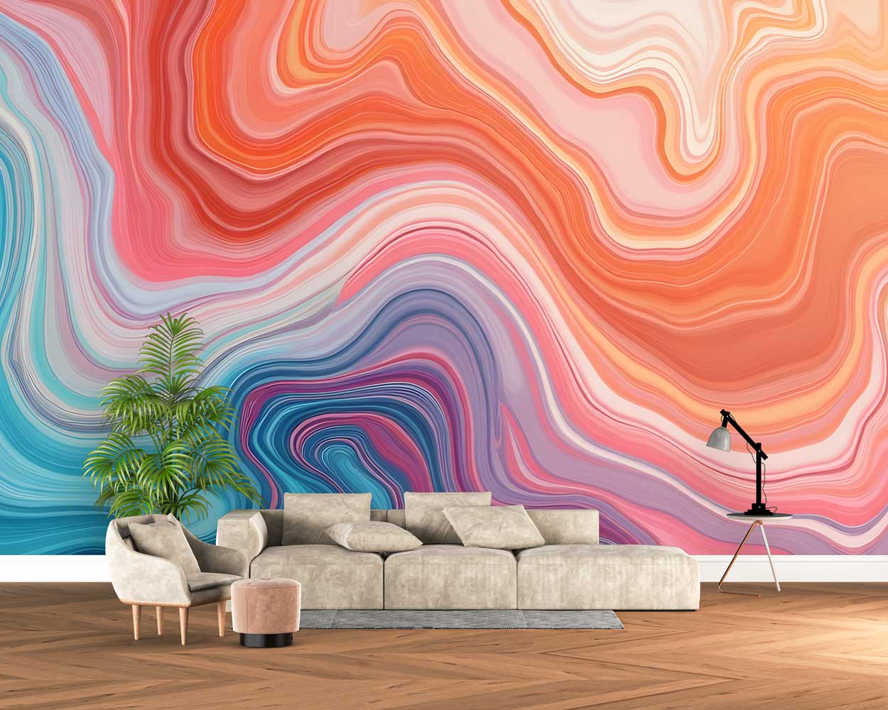 Teal and Coral Marble Swirl Abstract Wallpaper for Living Room