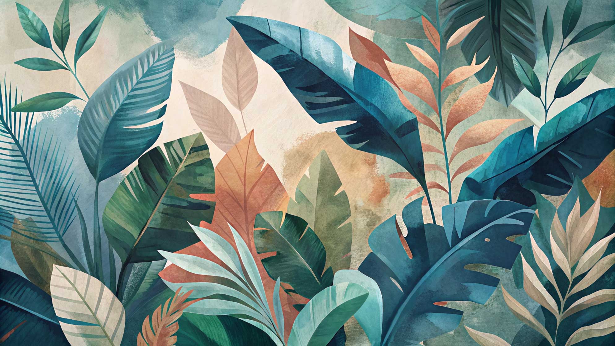 Tropical Watercolour Leaves Wallpaper Mural for Living Room – view 2